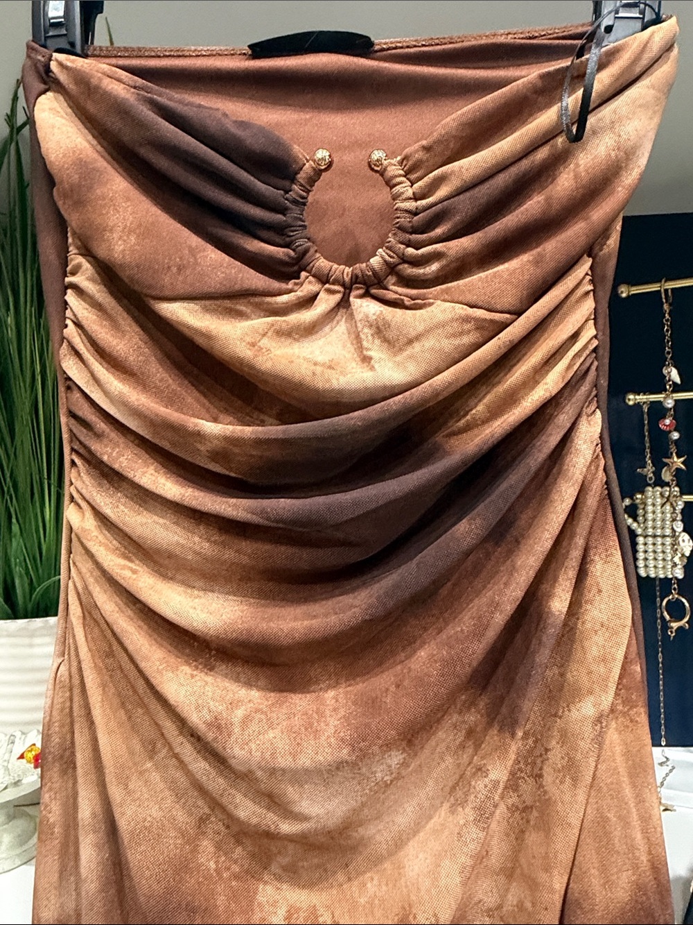 Strapless Brown Satin Evening Gown SZ Small - Picture 4 of 10